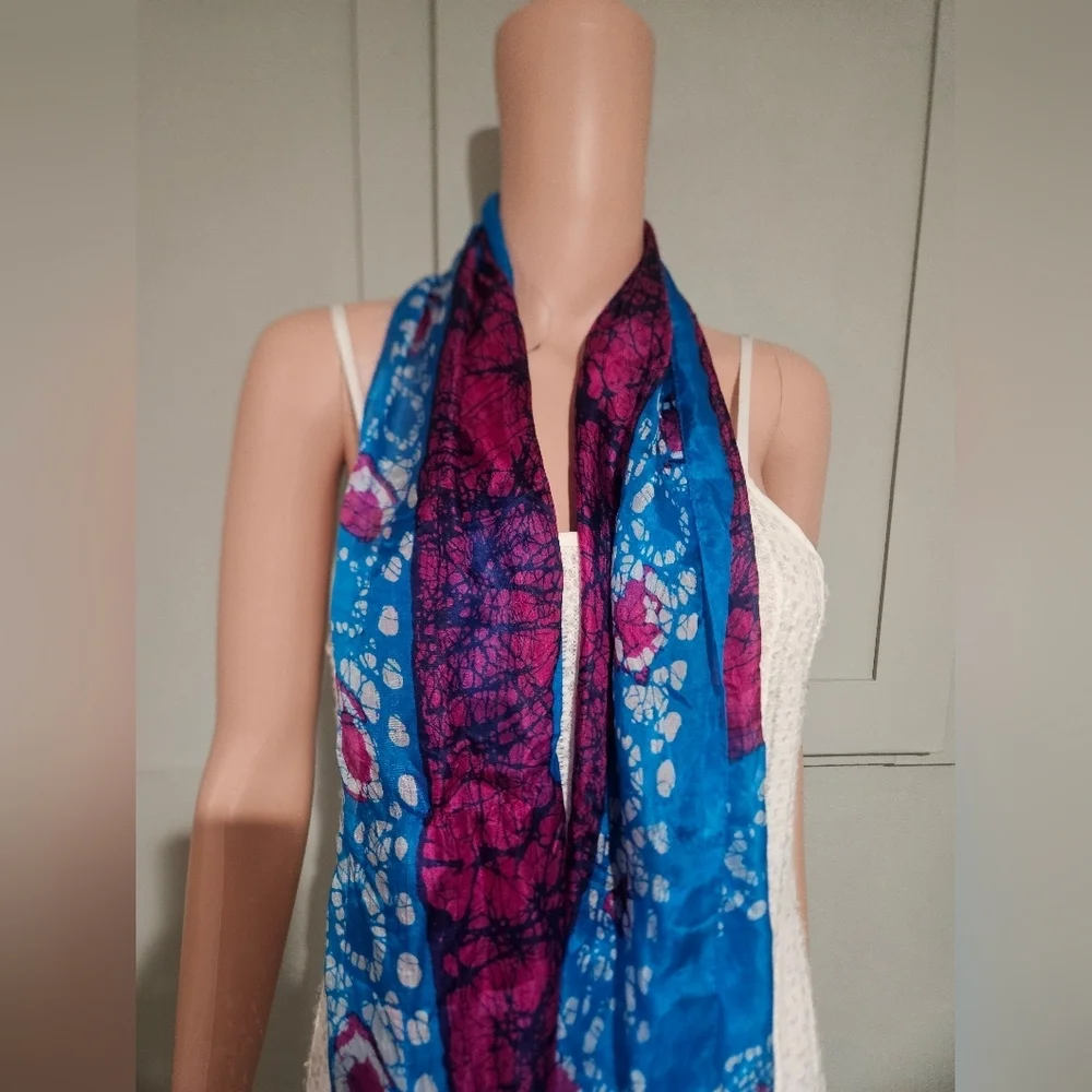 100% Pure Silk Batik Scarf Wrap – Made in India Blue Pink Boho